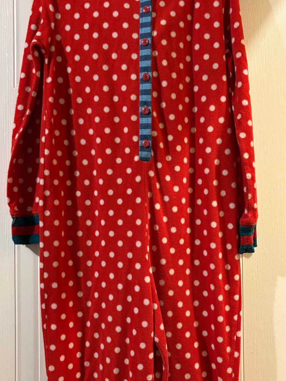 Matilda Jane Red Polka Dot One-Piece Pajama Romper with Blue Trim